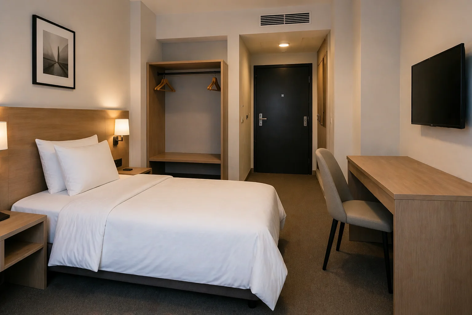 Pokój ekonomiczny z podstawowym zestawem mebli hotelowych i prostą strefą wejścia