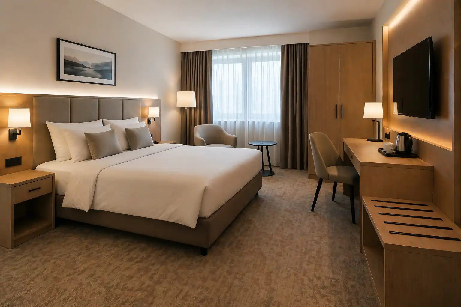 Pokój standardowy z łóżkiem hotelowym, szafą, biurkiem i miejscem na bagaż