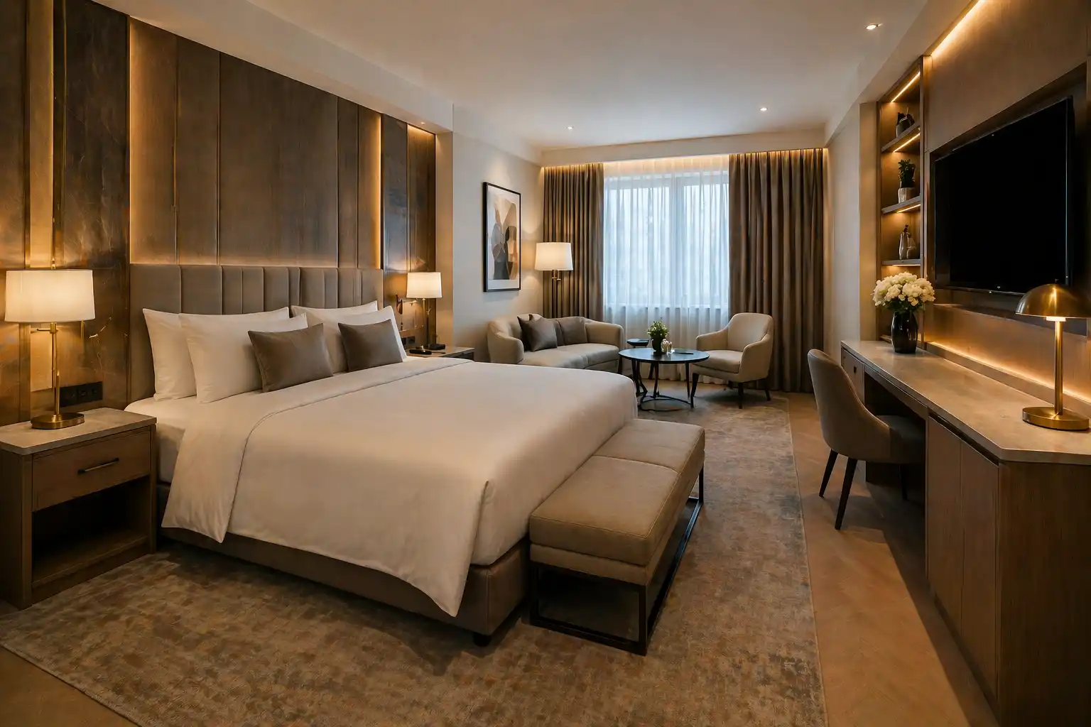 Pokój premium z rozbudowaną zabudową hotelową, większym łóżkiem i strefą wypoczynkową