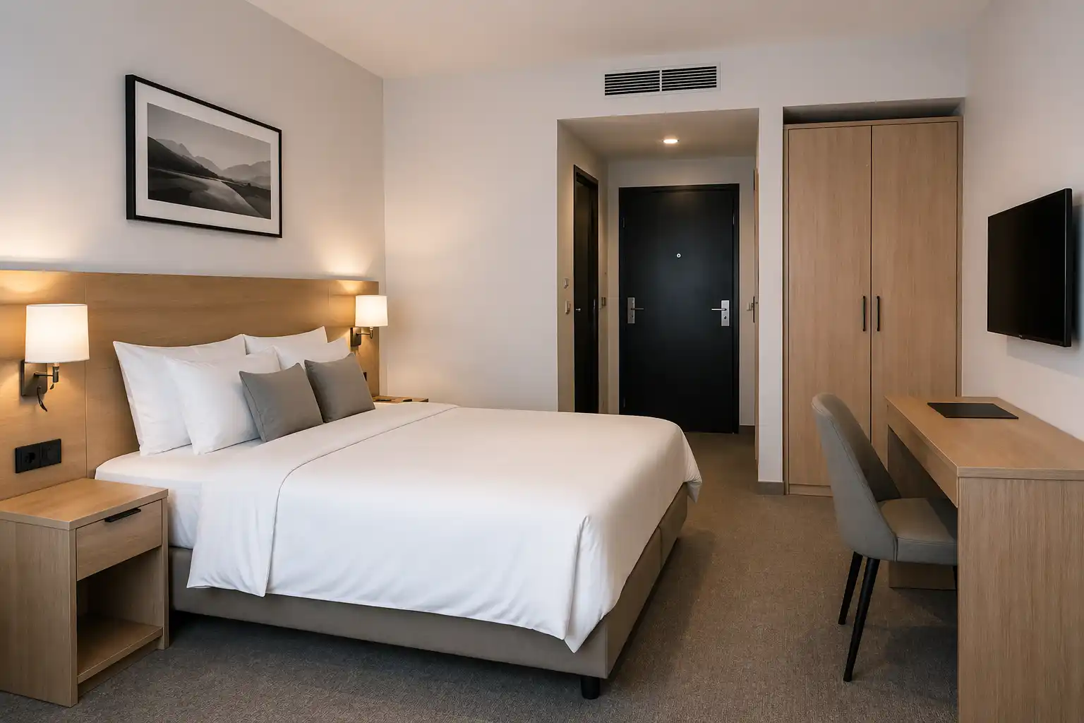 Gotowy zestaw katalogowych mebli hotelowych z łóżkiem, szafą i biurkiem