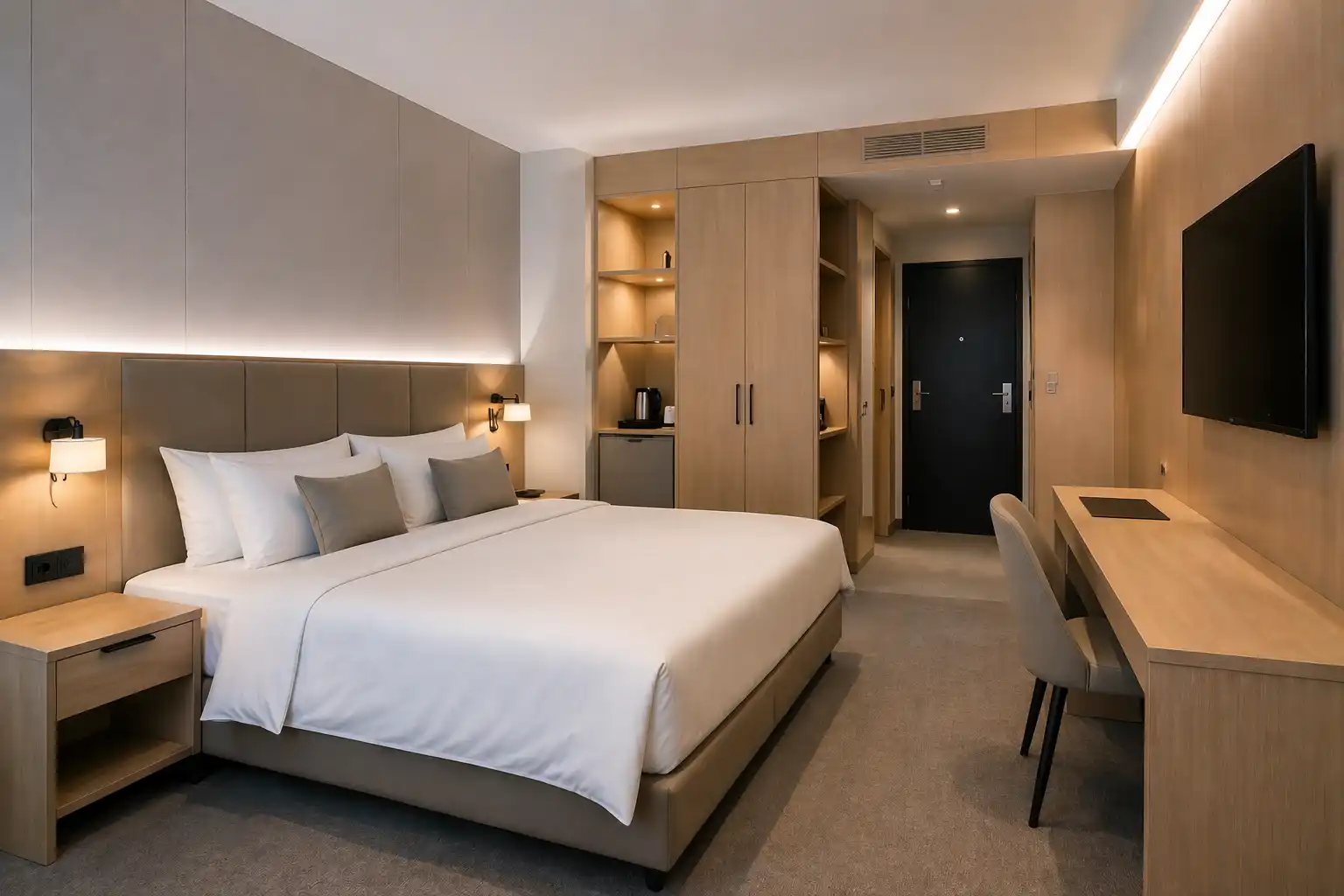 Pokój hotelowy z mieszanym zestawem mebli katalogowych i dopasowaną zabudową