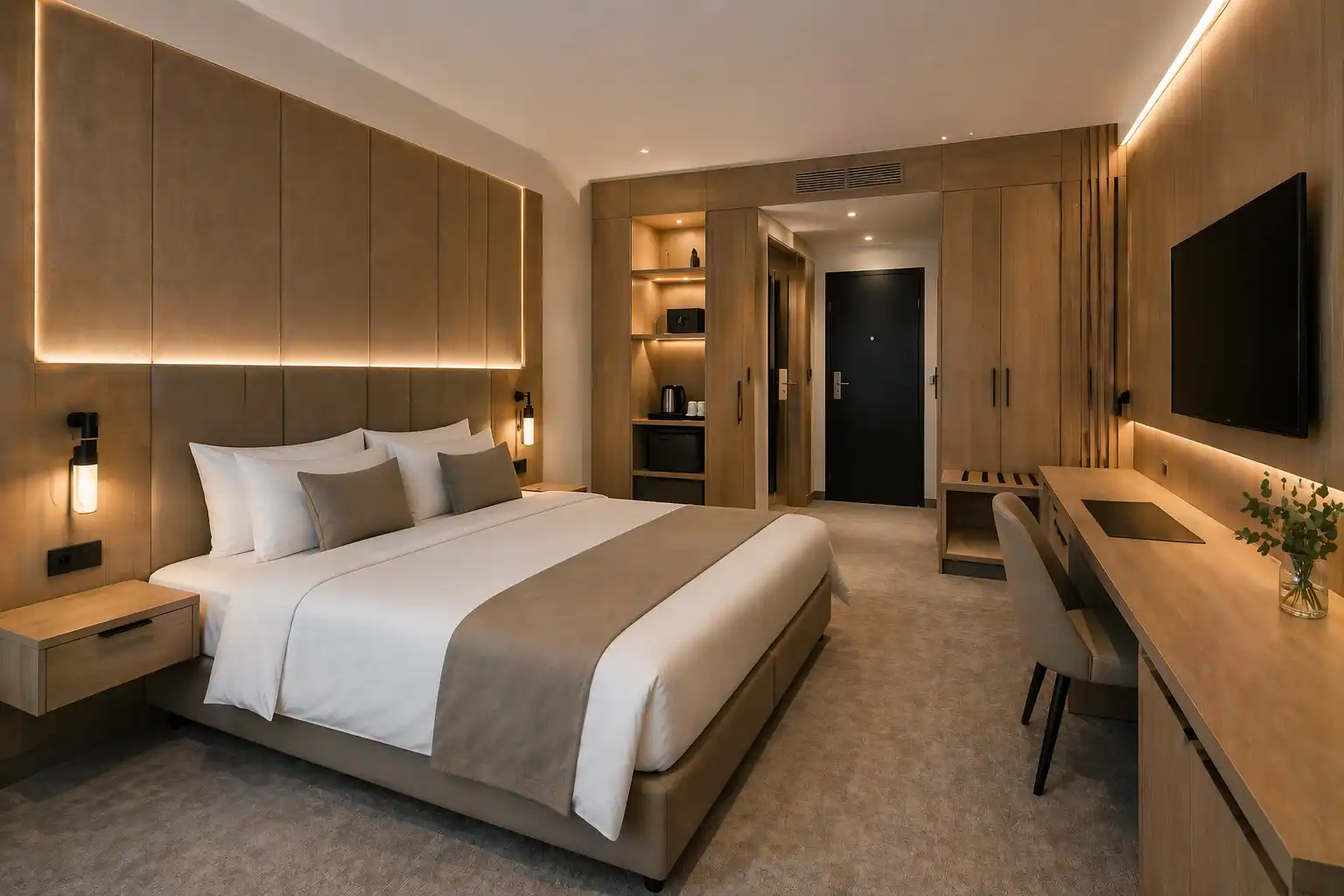 Pełna zabudowa hotelowa na wymiar z panelem za łóżkiem, szafą i biurkiem