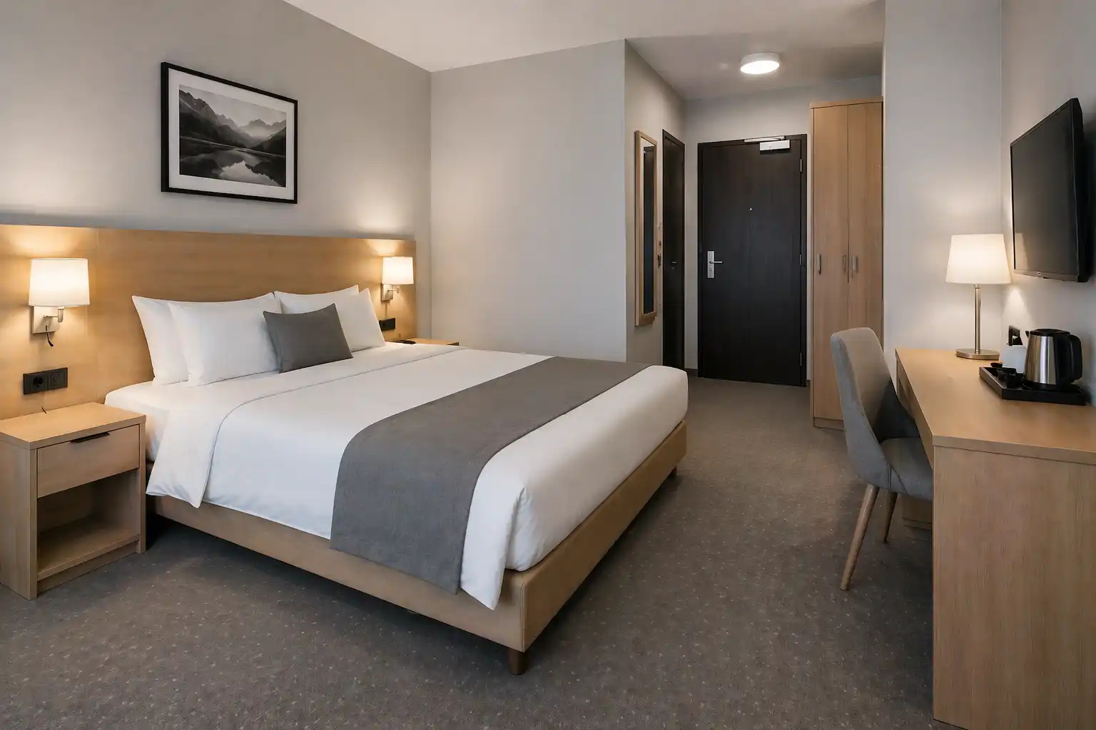 Pokój hotelowy z klasycznym łóżkiem na ramie i prostym zagłówkiem