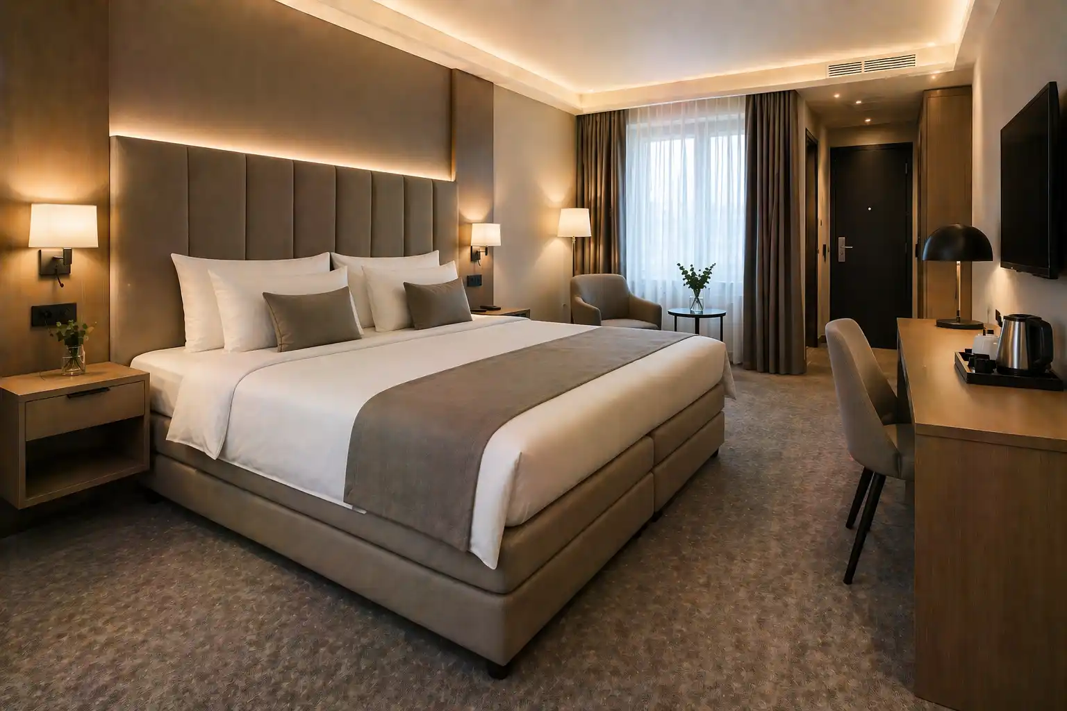 Pokój hotelowy z łóżkiem kontynentalnym i wyższą tapicerowaną bazą