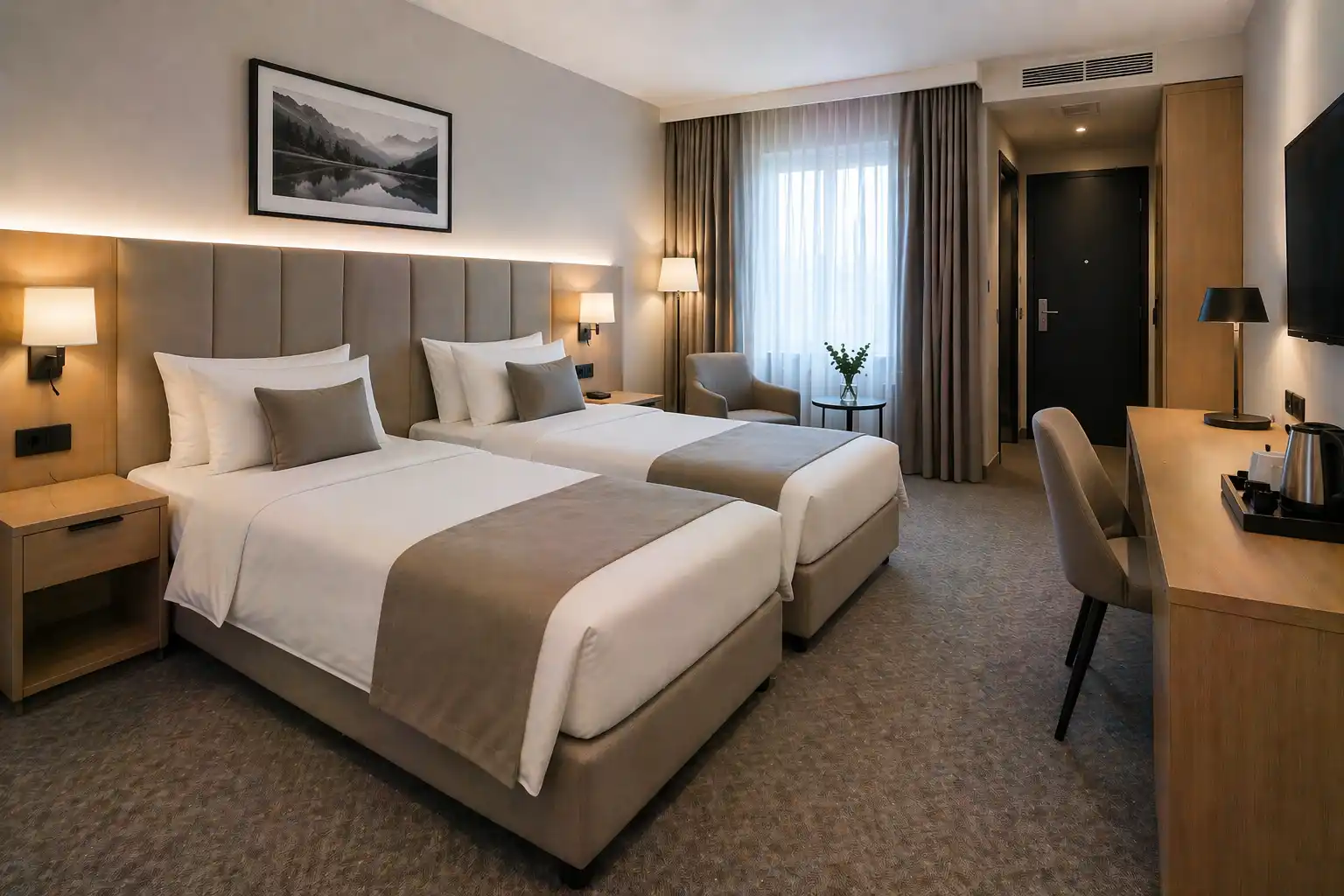 Pokój hotelowy twin z dwoma osobnymi łóżkami i wspólnym zagłówkiem
