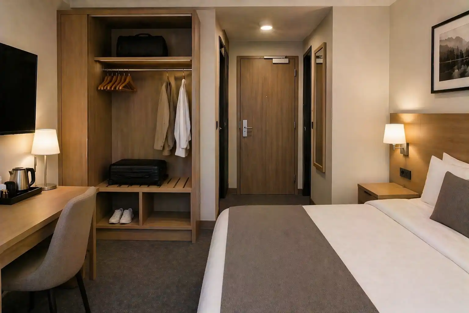 Pokój hotelowy z otwartą garderobą, drążkiem na ubrania i półką na walizkę