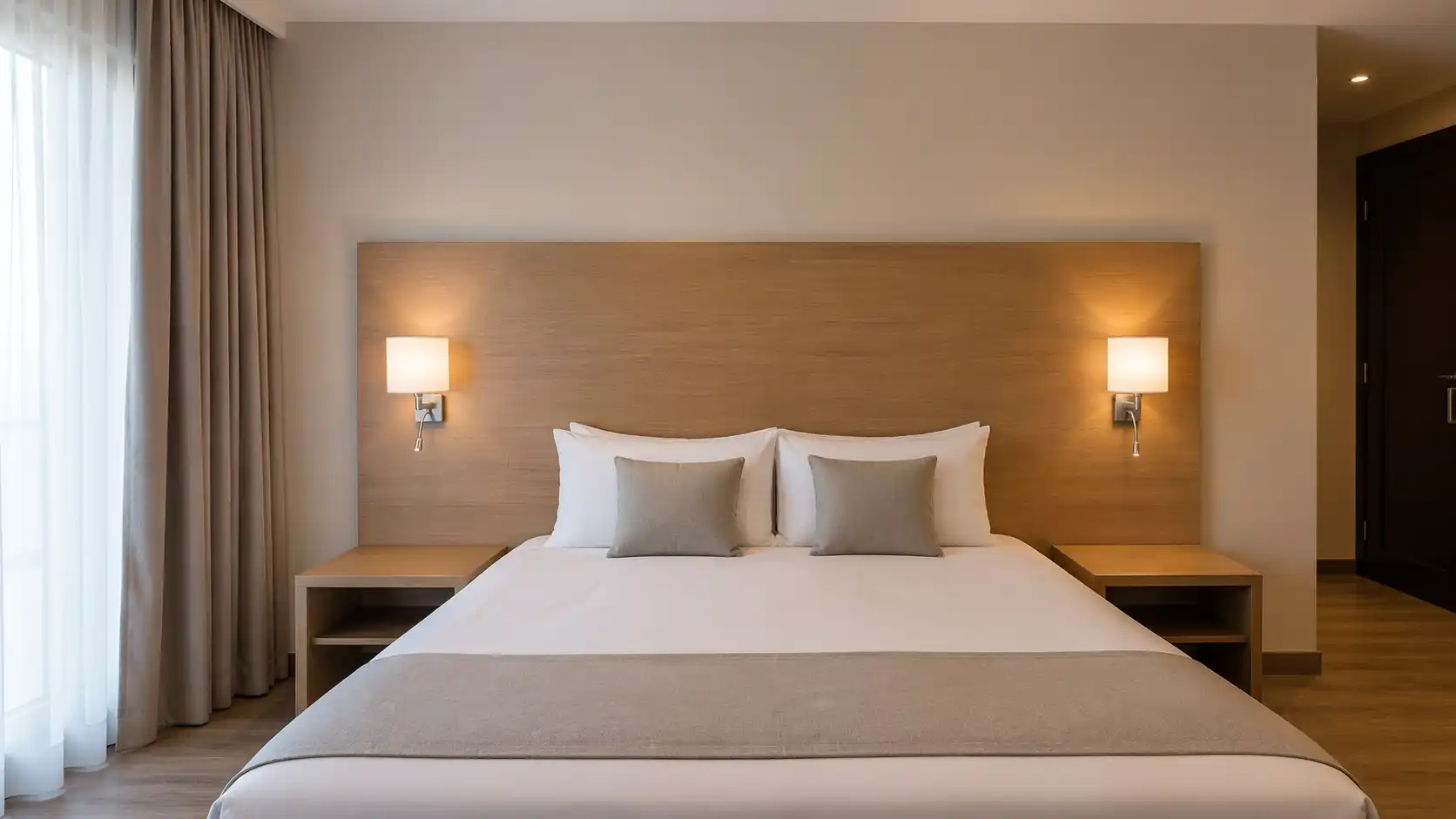 Prosty panel za łóżkiem hotelowym z kinkietami i stolikami nocnymi