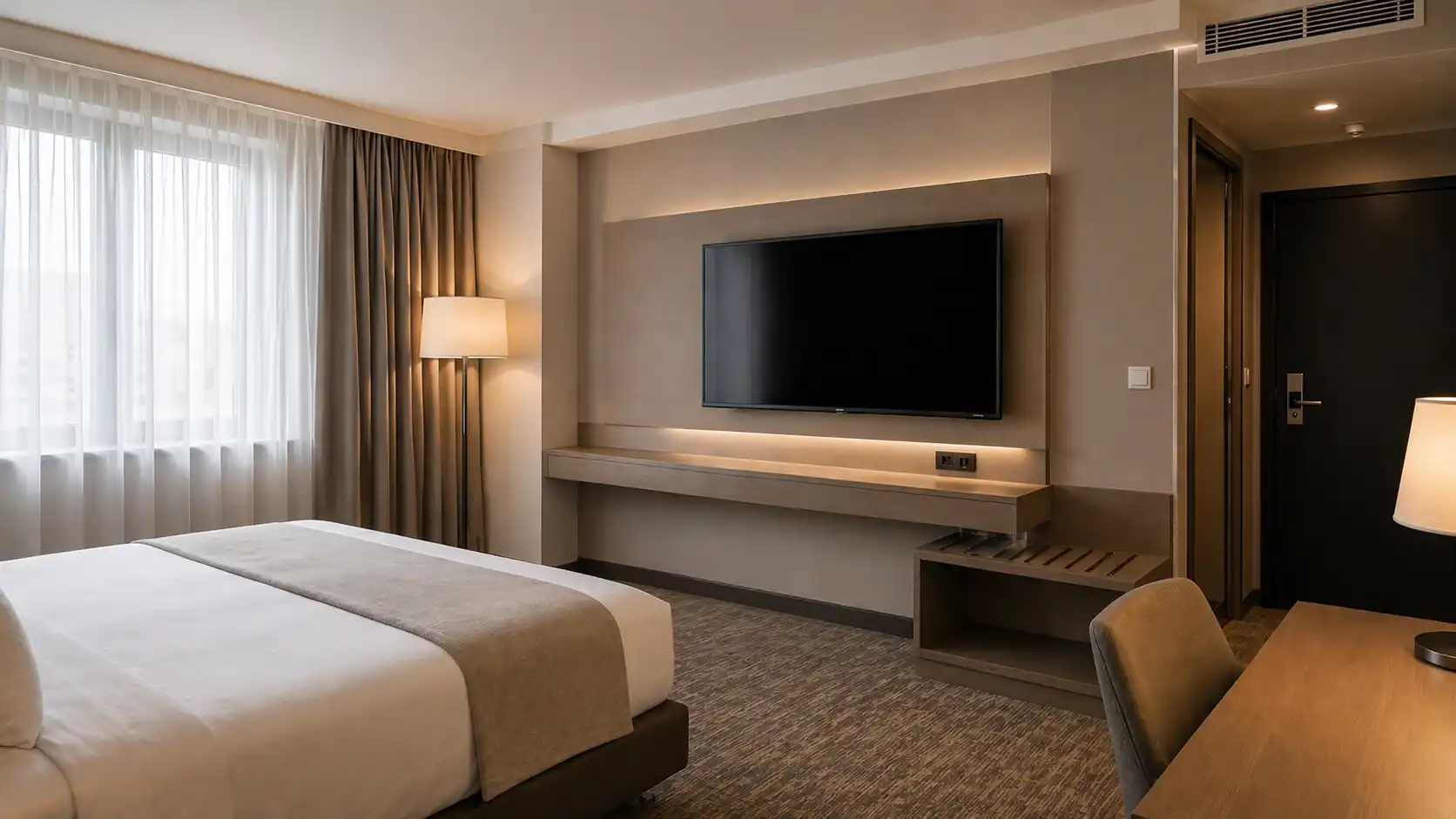 Telewizor hotelowy z konsolą pod ekranem i miejscem na bagaż