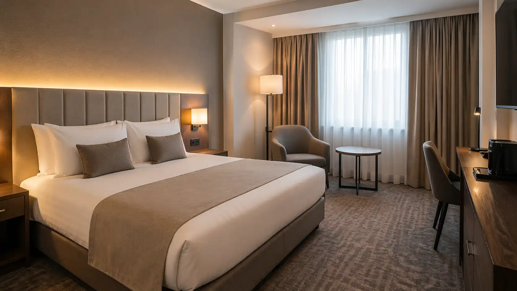 Pokój hotelowy z fotelem i stolikiem jako prostą strefą wypoczynkową