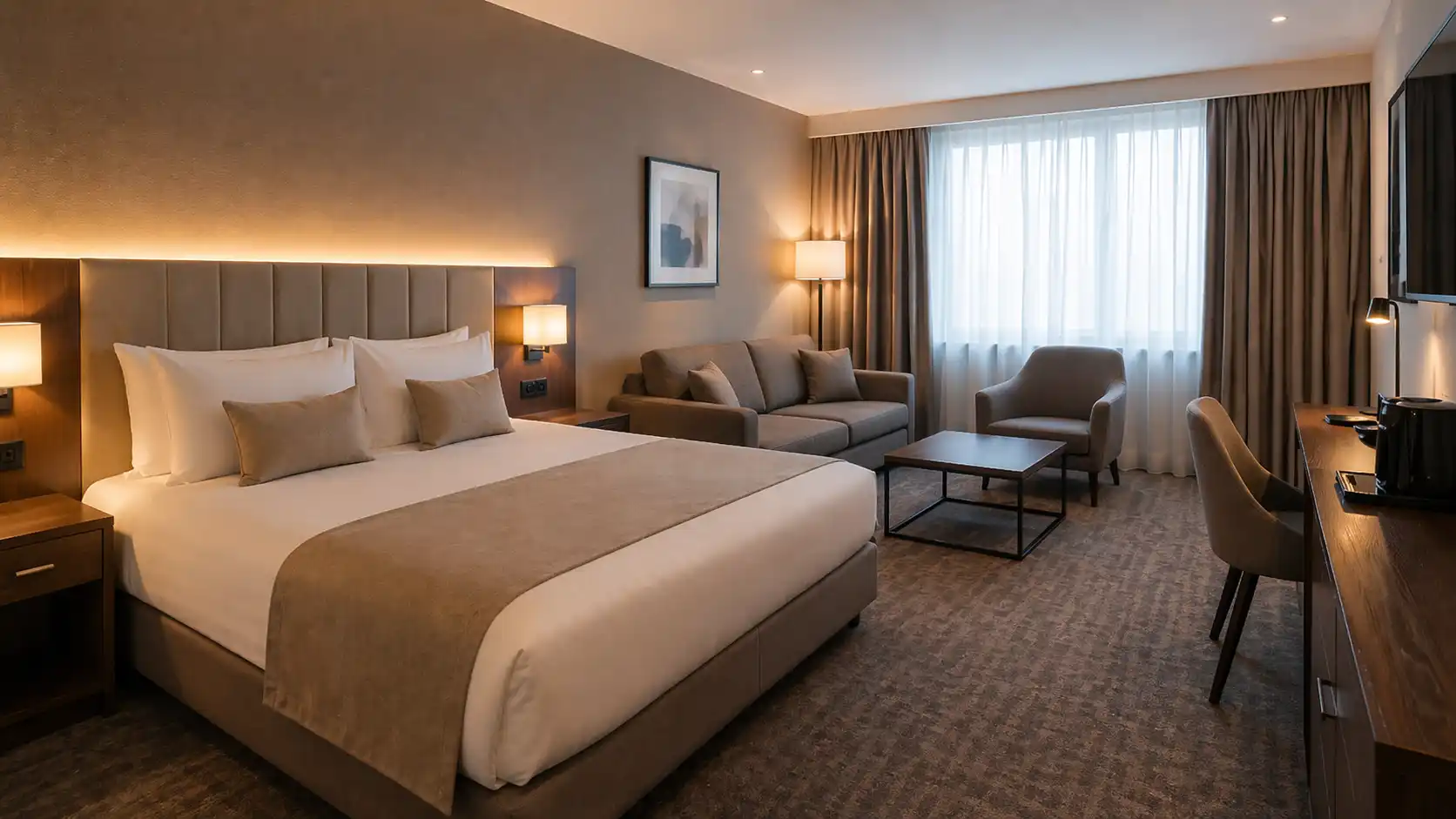 Pokój hotelowy z sofą, stolikiem i rozbudowaną strefą wypoczynkową
