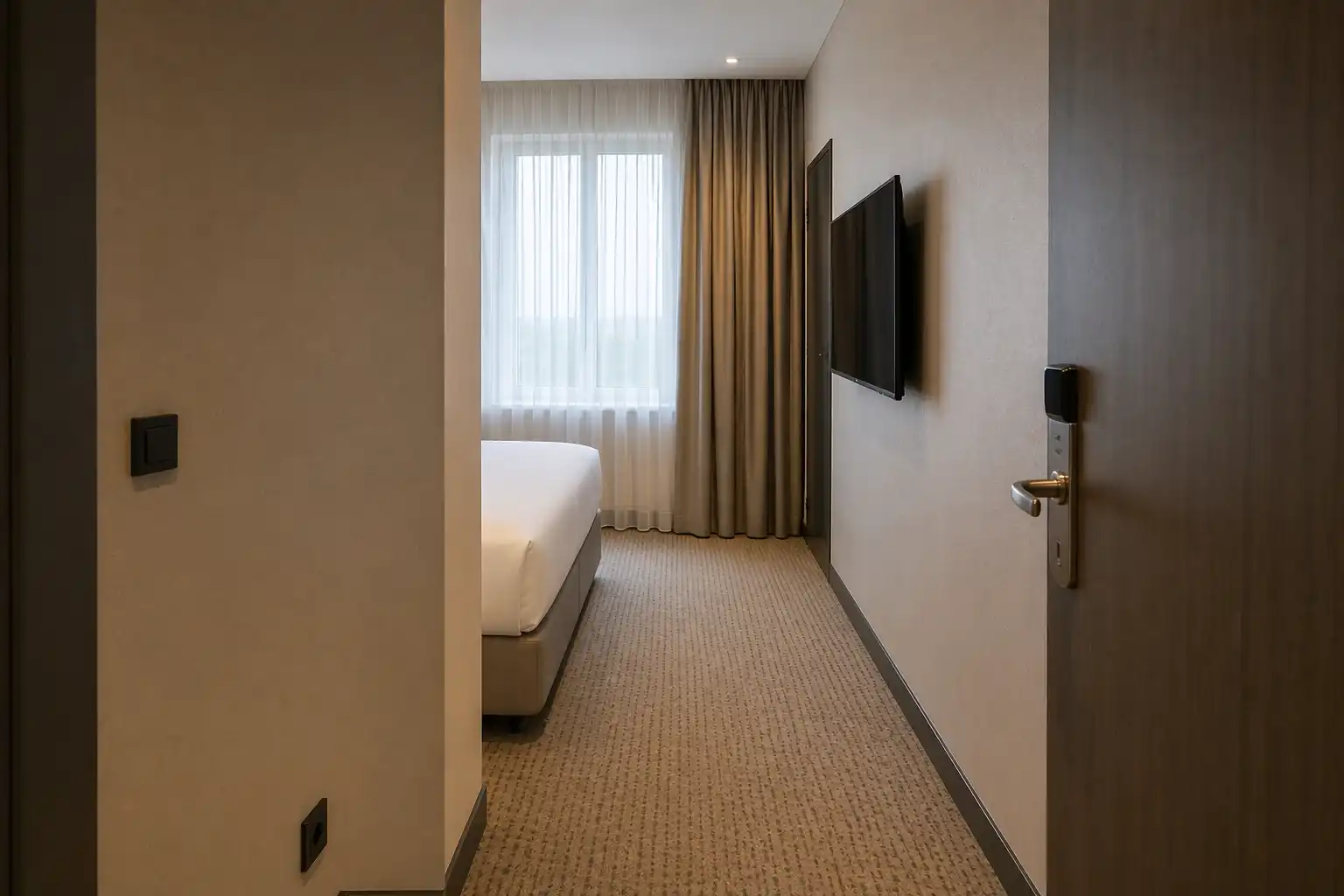 Pokój hotelowy bez wydzielonego miejsca na bagaż przy wejściu