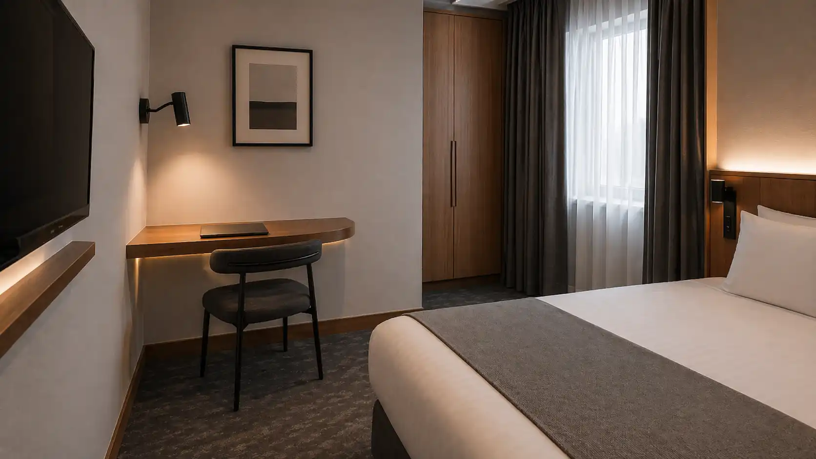 Symboliczne miejsce do pracy w pokoju hotelowym z małą konsolą i krzesłem