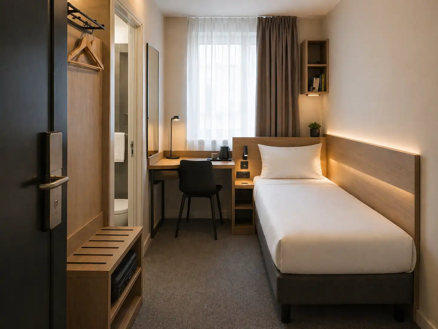 Kompaktowy pokój hotelowy z pojedynczym łóżkiem, biurkiem, miejscem na bagaż i otwartą garderobą