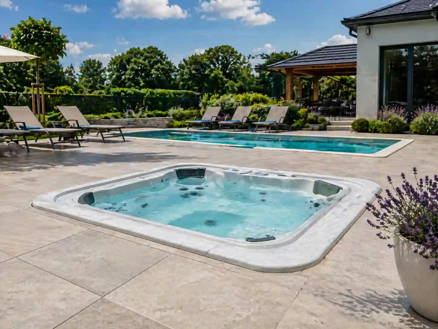 Basen zintegrowany ze strefą hydromasażu i jacuzzi obok głównej niecki