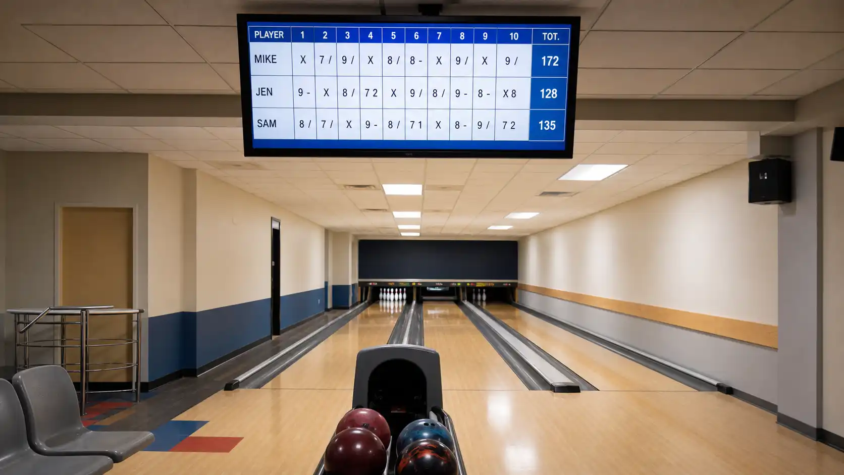 Prosta tablica wyników bowlingu z podstawową punktacją nad torami