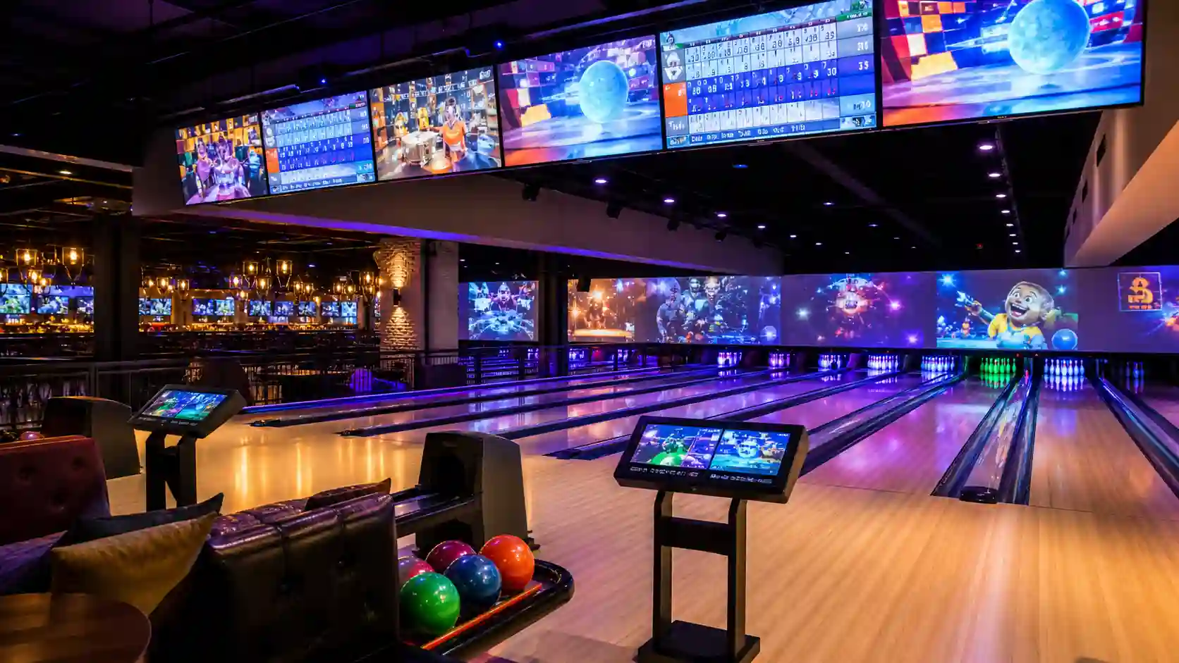 System multimedialny bowlingu z ekranami, animacjami i trybami gry