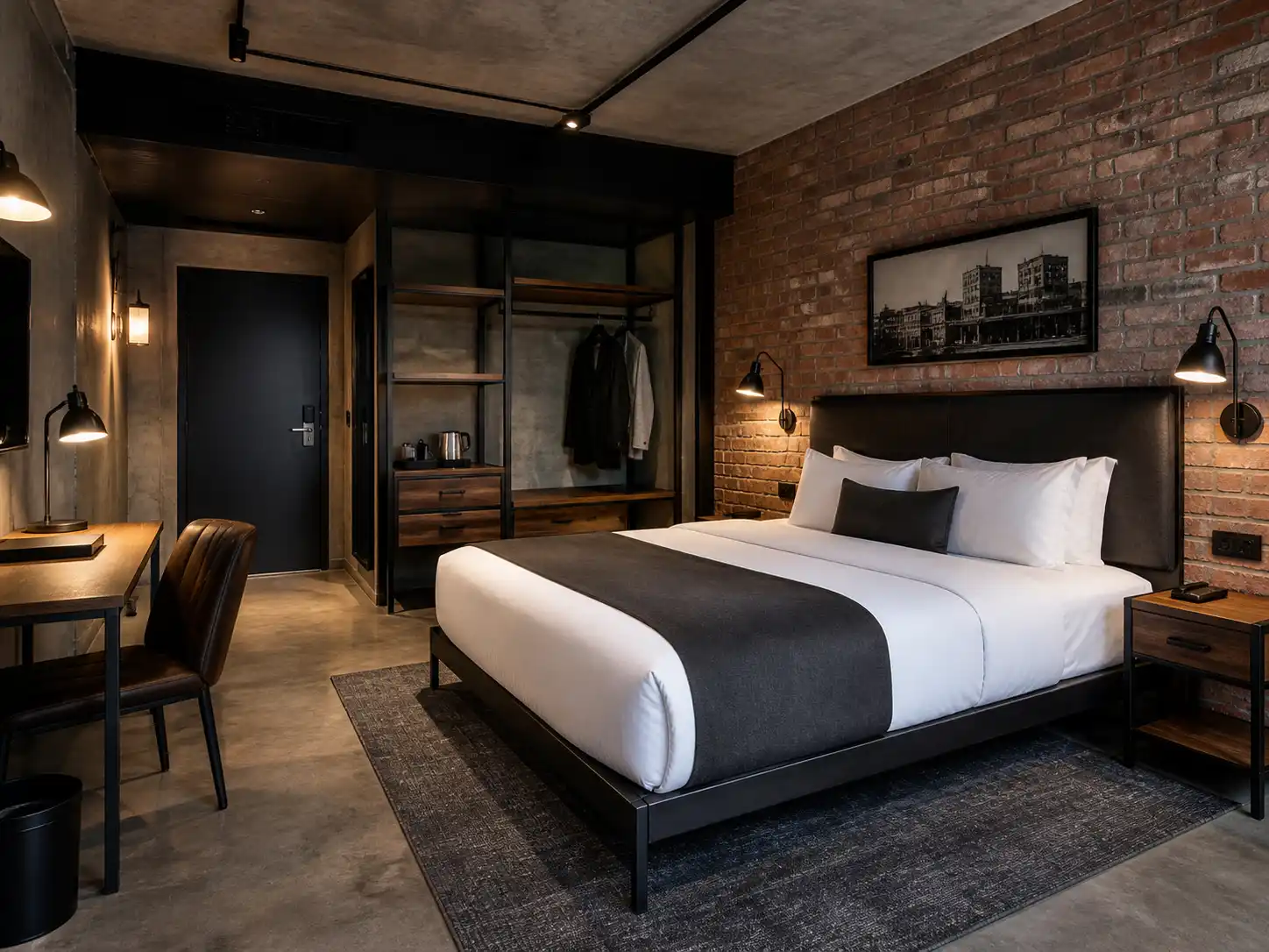 Loftowy pokój hotelowy z industrialnymi meblami, cegłą, metalem i ciemnymi detalami