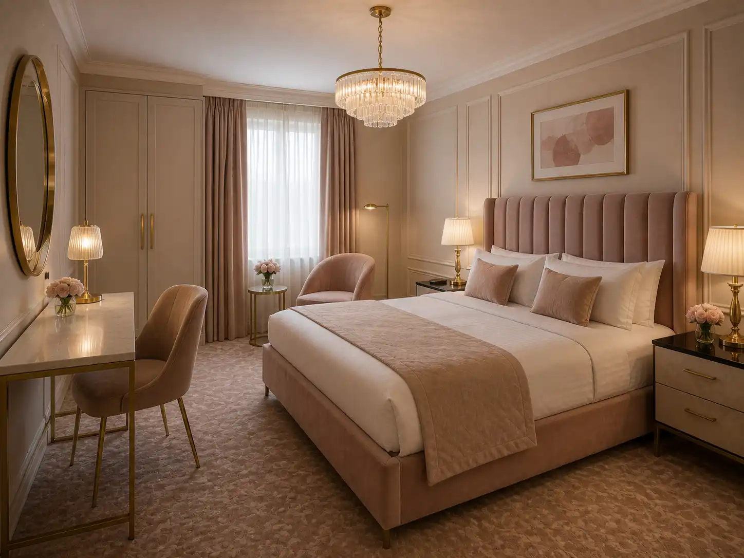 Glamour pokój hotelowy z tapicerowanym łóżkiem, żyrandolem i eleganckimi dodatkami