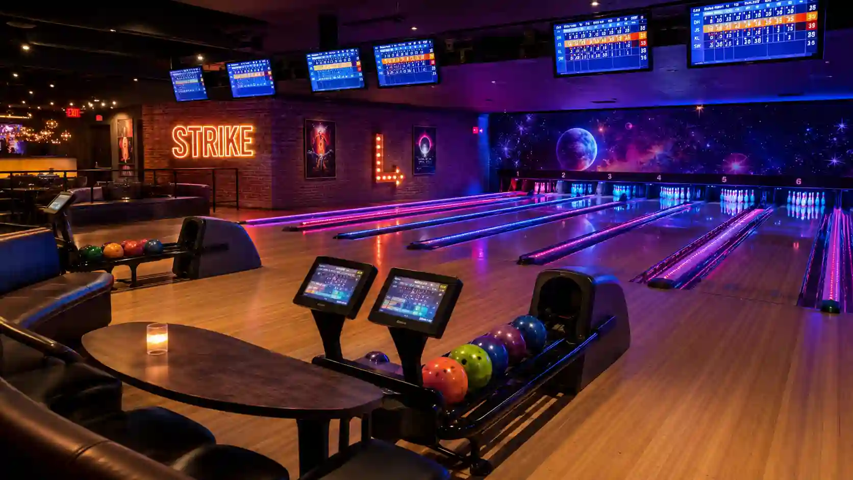 Oświetlenie LED i cosmic bowling z kolorową oprawą torów oraz strefy gracza