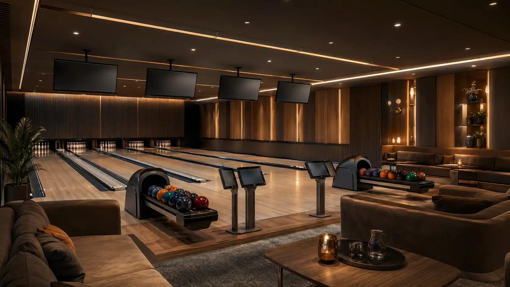 Nastrojowe oświetlenie premium w kręgielni z efektem lounge