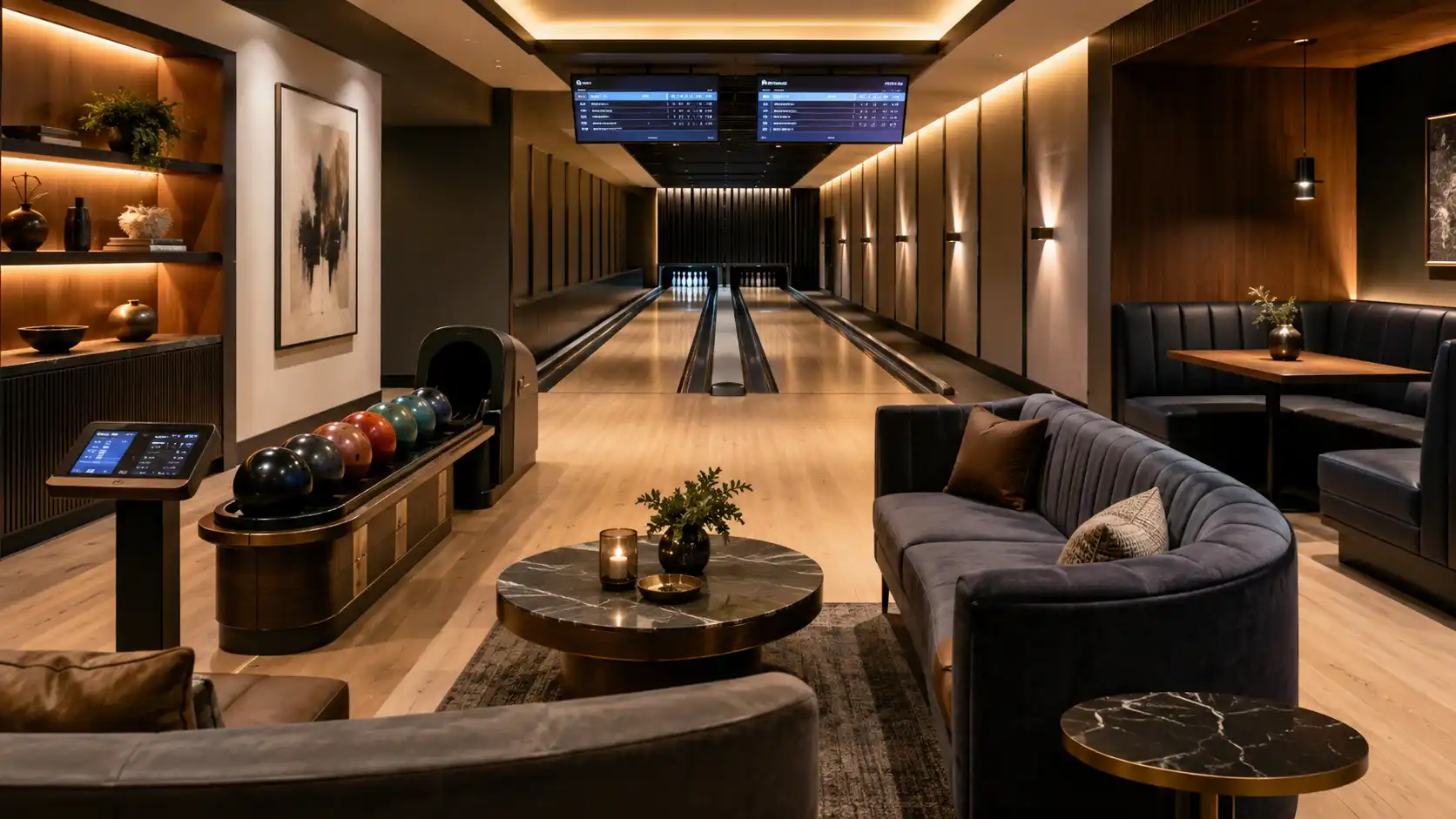 Strefa lounge premium przy torach bowlingowych z wygodnymi sofami i nastrojowym oświetleniem