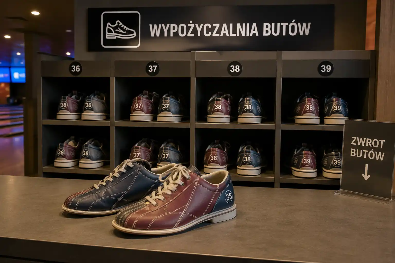 Wypożyczalnia butów bowlingowych z regałem rozmiarów i miejscem wydawania obuwia