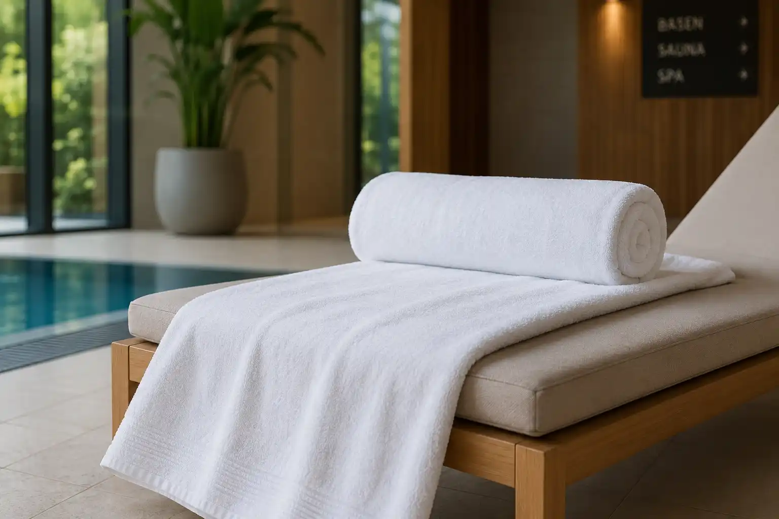 Ręcznik basenowy wellness na leżaku przy strefie SPA lub basenie