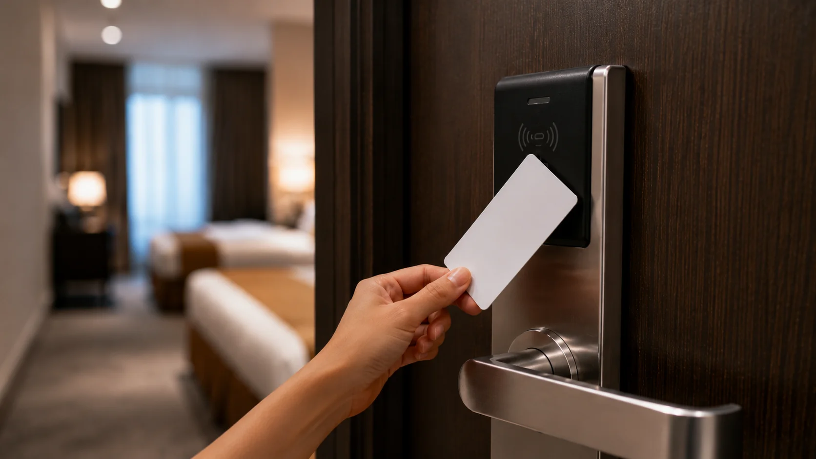 Zamek hotelowy na kartę RFID przy drzwiach do pokoju