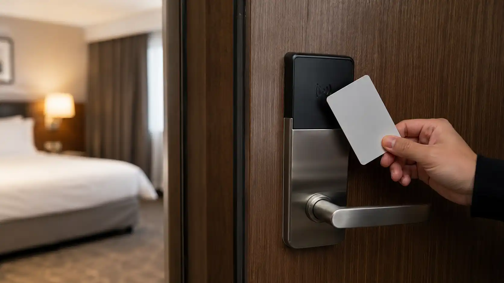 Zamek hotelowy otwierany kartą RFID MIFARE przy drzwiach pokoju