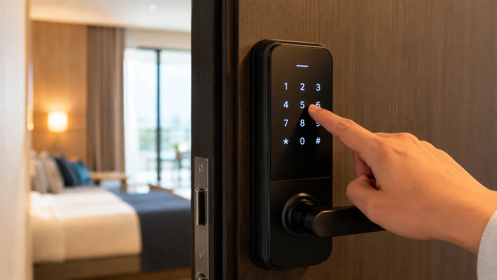 Zamek hotelowy otwierany czasowym kodem PIN na klawiaturze