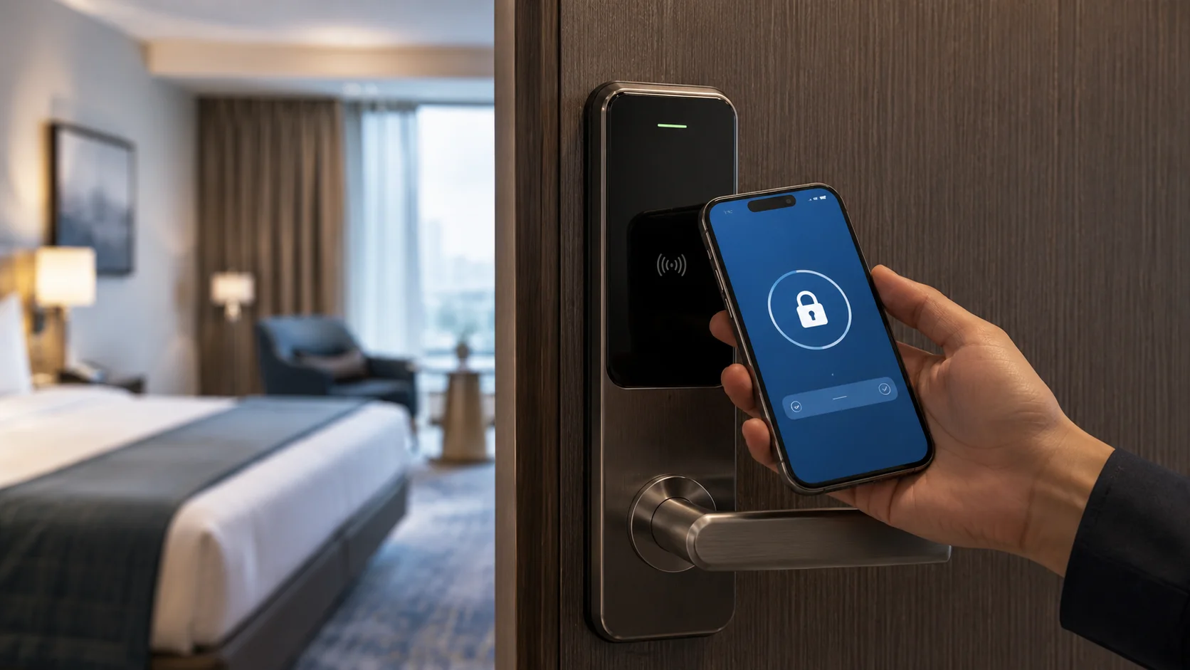 Zamek hotelowy otwierany aplikacją w telefonie jako cyfrowym kluczem