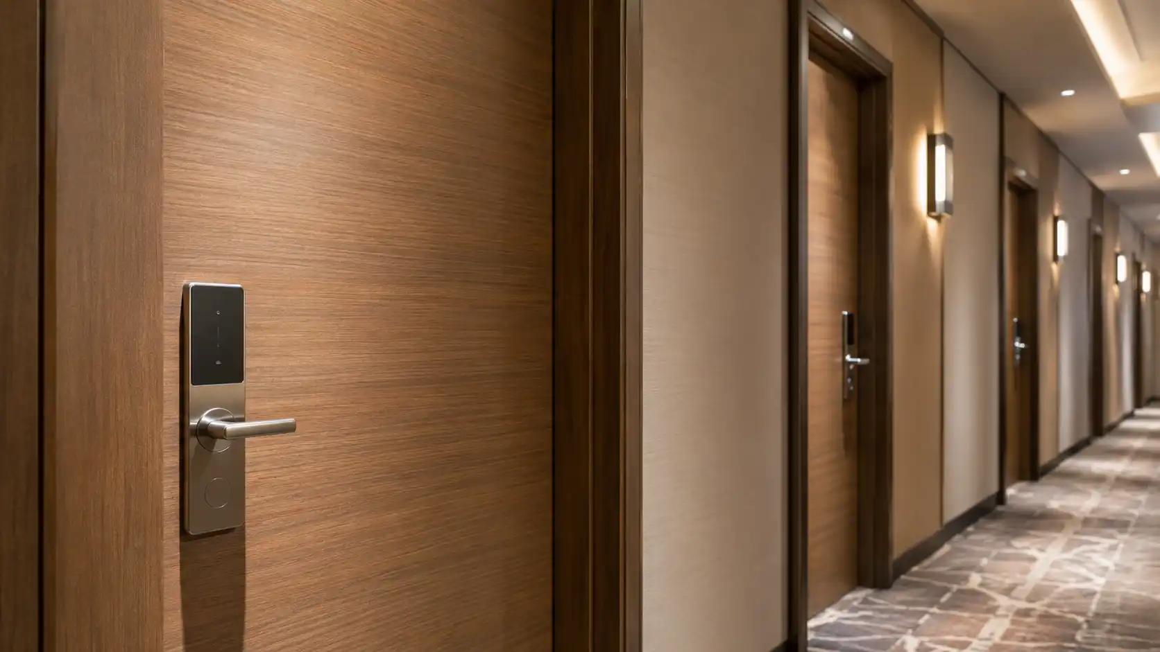 Zamek hotelowy zamontowany w drzwiach płytowych do pokoju gościnnego