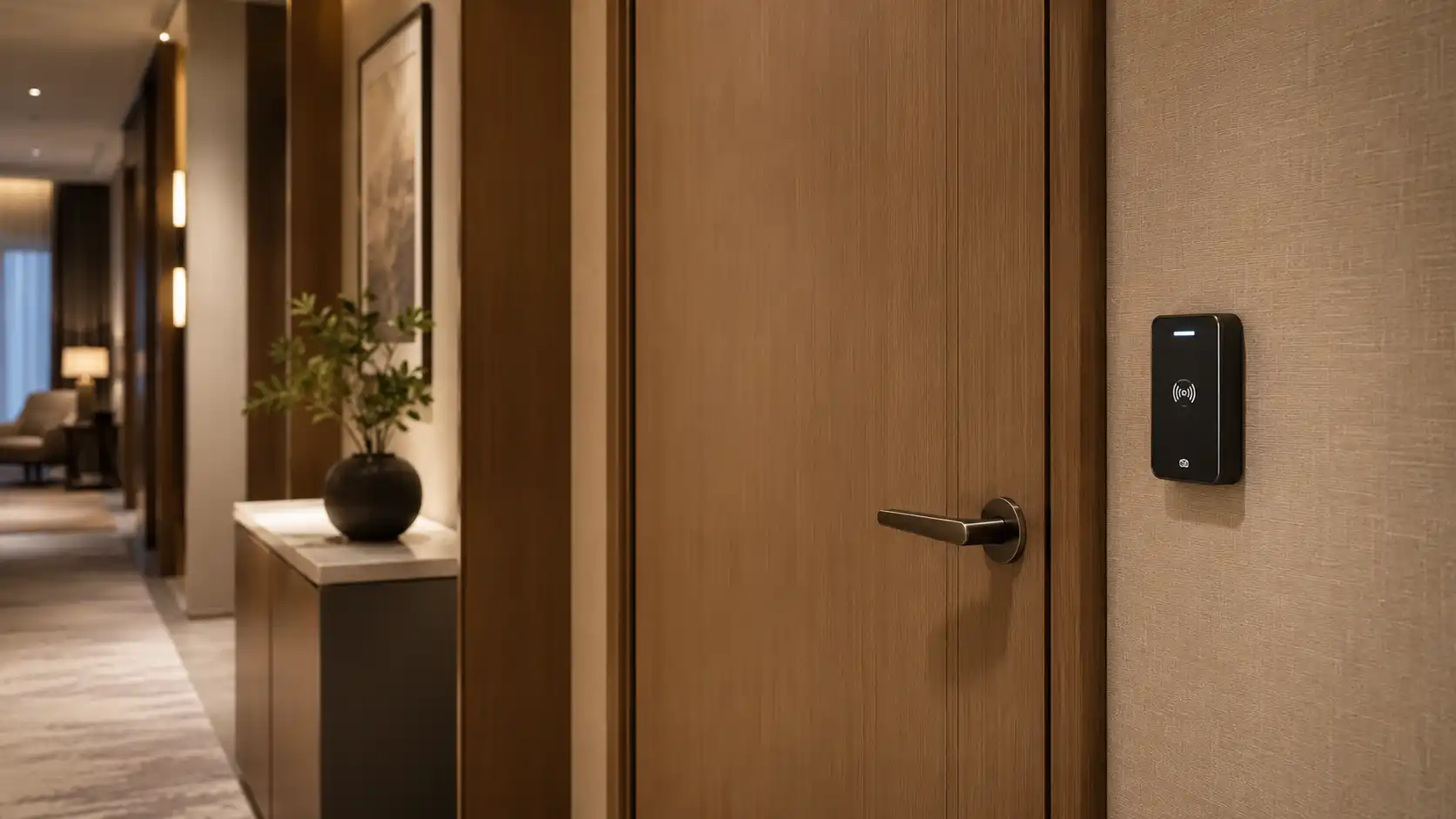 Minimalistyczny system z czytnikiem ściennym obok drzwi hotelowych