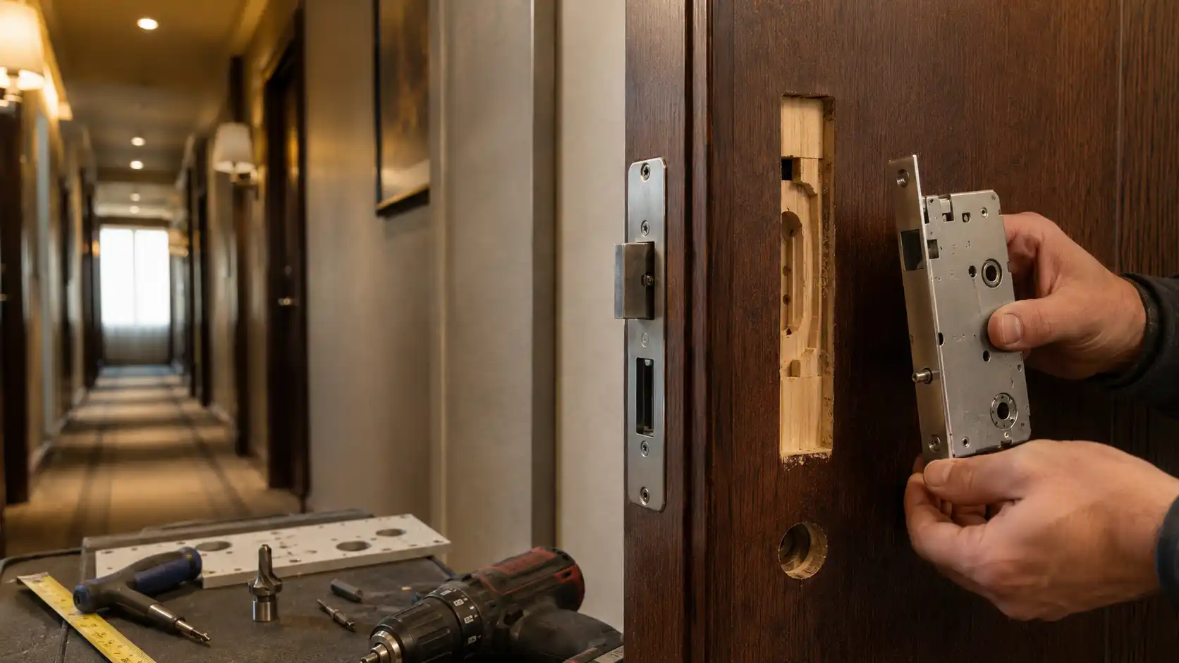 Frezowanie drzwi hotelowych i dopasowanie skrzydła pod nowy zamek