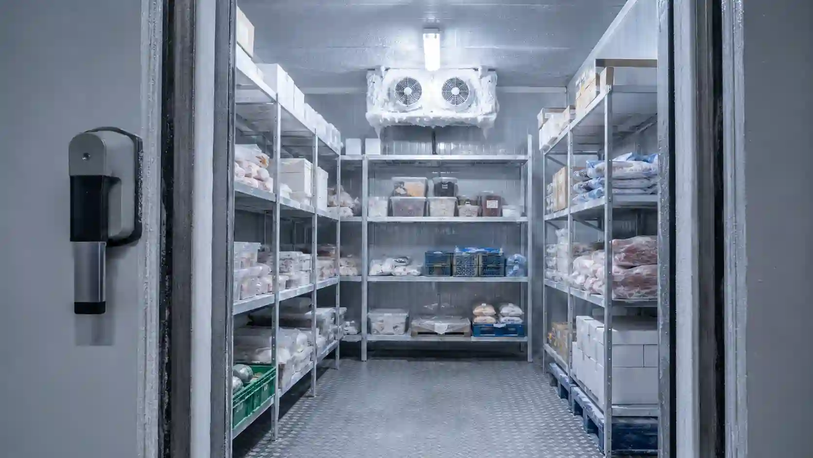 Komora mroźnicza około -18°C z agregatem i regałami magazynowymi