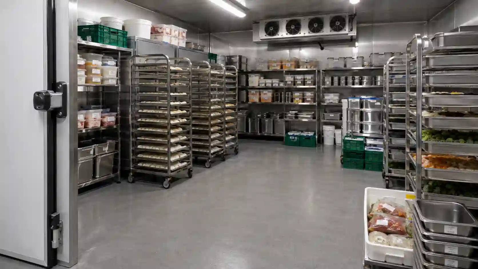 Komora chłodnicza dla cateringu z wózkami transportowymi i pojemnikami gastronomicznymi