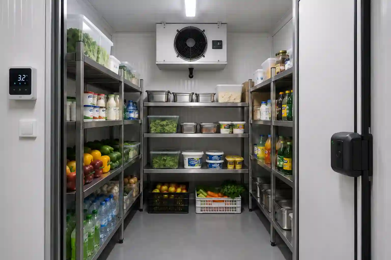 Jedna komora chłodnicza z regałami na świeże produkty, nabiał i napoje