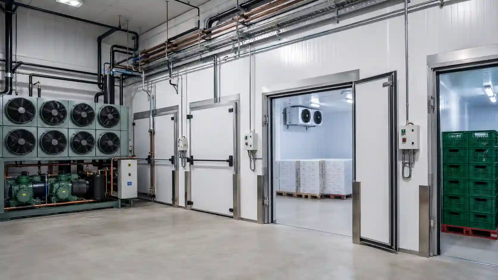Układ skraplający dla kilku komór chłodniczych z instalacją rur i sterowaniem