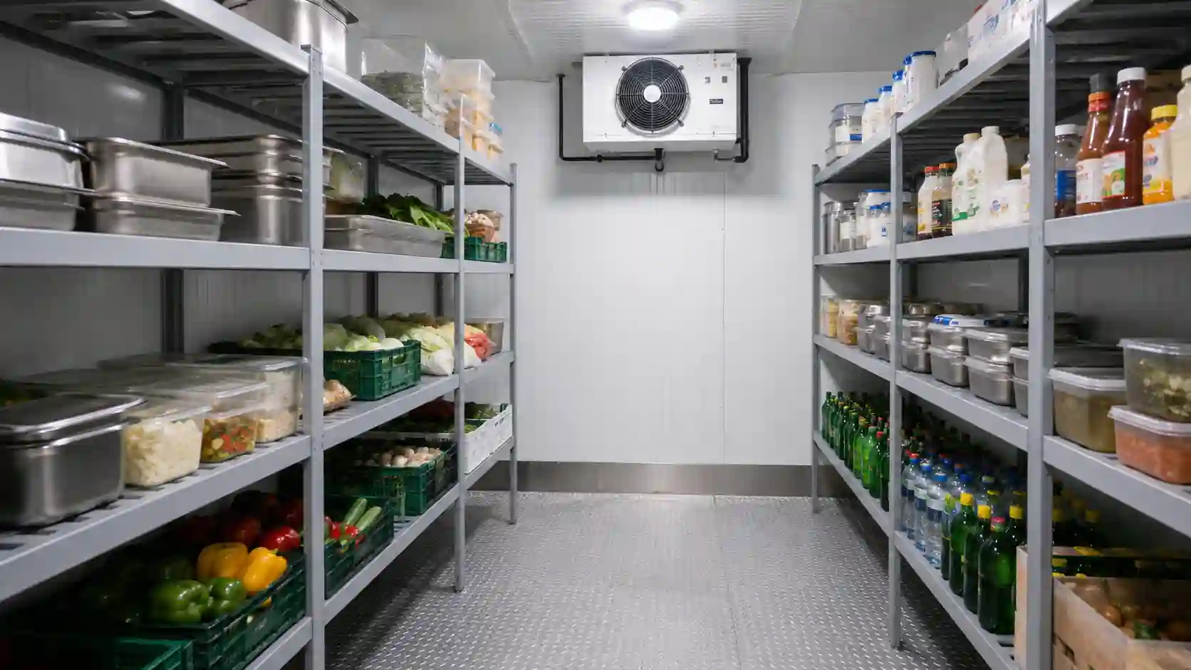 Regały lekkie w komorze chłodniczej do przechowywania produktów gastronomicznych