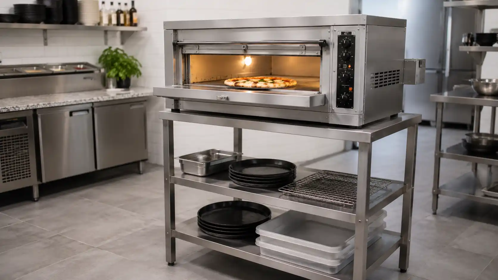 Klasyczny piec komorowy do pizzy z frontowymi drzwiami i płytą szamotową