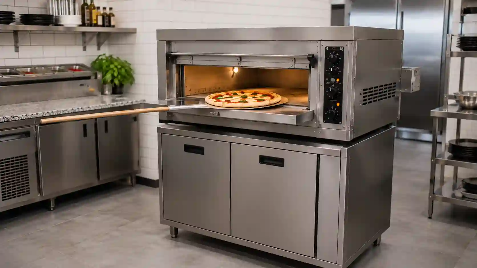 Piec komorowy do pizzy na podstawie z wygodną wysokością pracy i miejscem na akcesoria