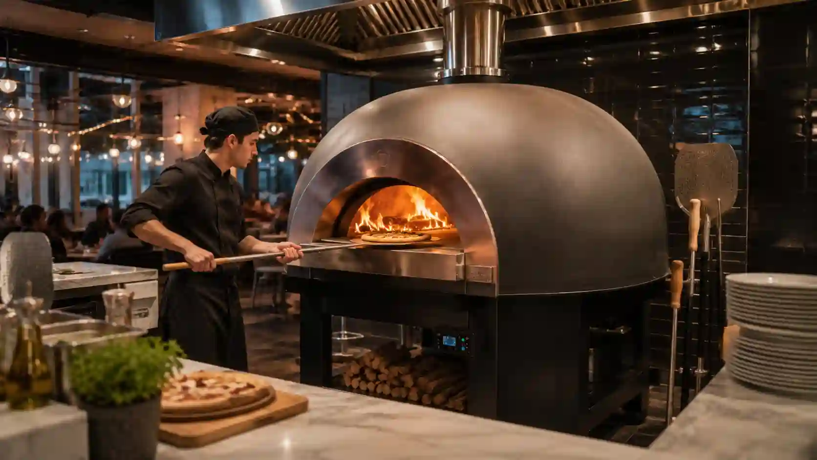 Ekspozycyjny piec kopułowy do pizzy widoczny w otwartej kuchni restauracyjnej