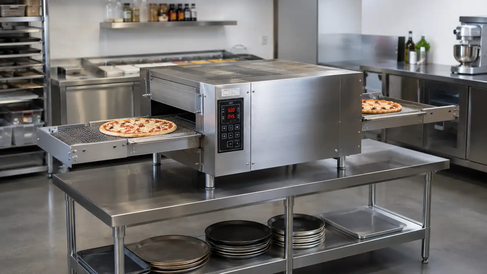 Mniejszy piec taśmowy do pizzy z krótszym tunelem i taśmą przelotową