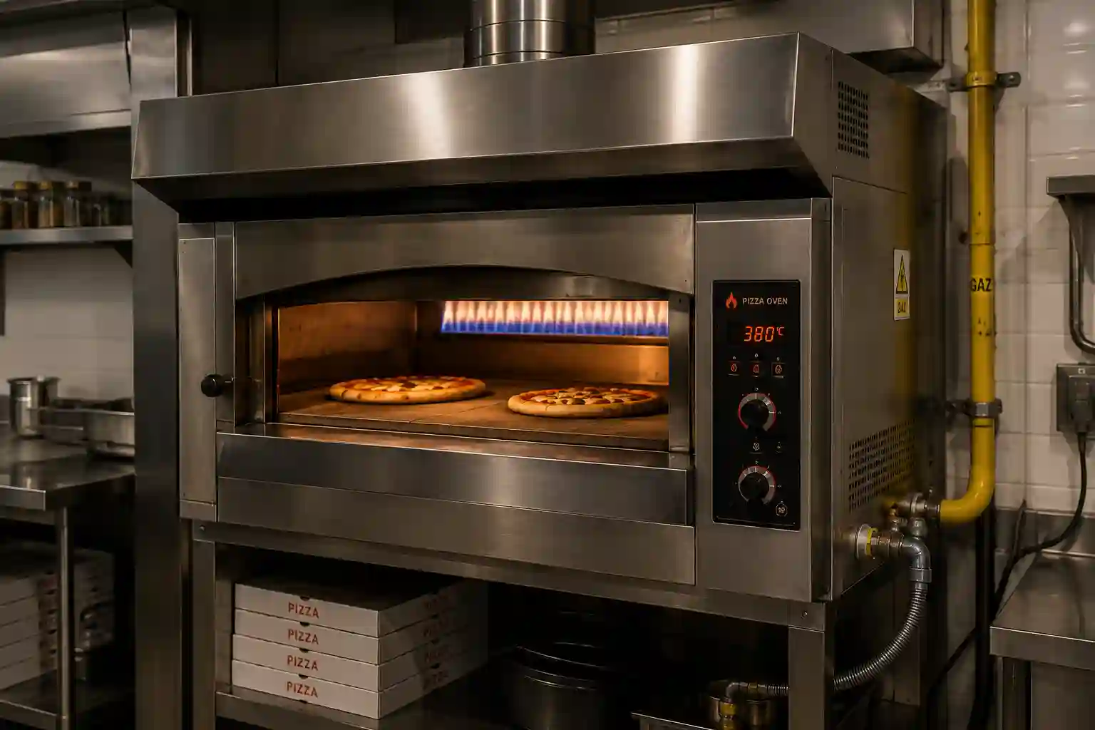 Gazowy piec do pizzy z palnikiem, okapem i instalacją gazową w kuchni gastronomicznej