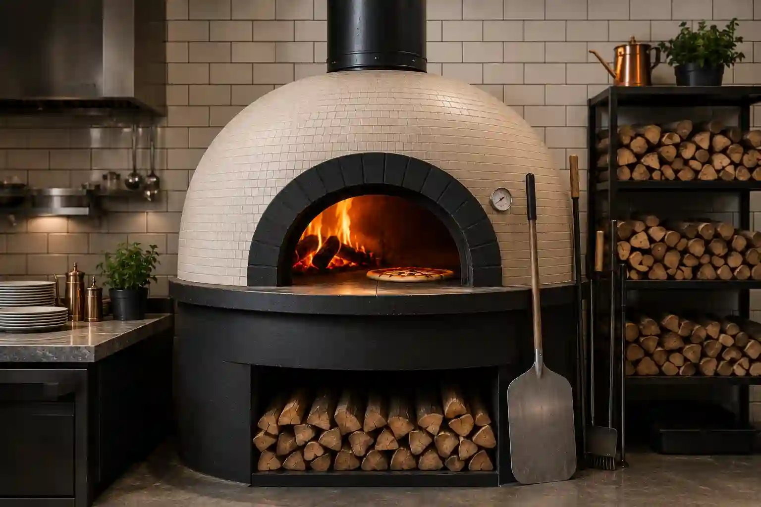 Piec do pizzy opalany drewnem z kopułową komorą, paleniskiem i miejscem na opał