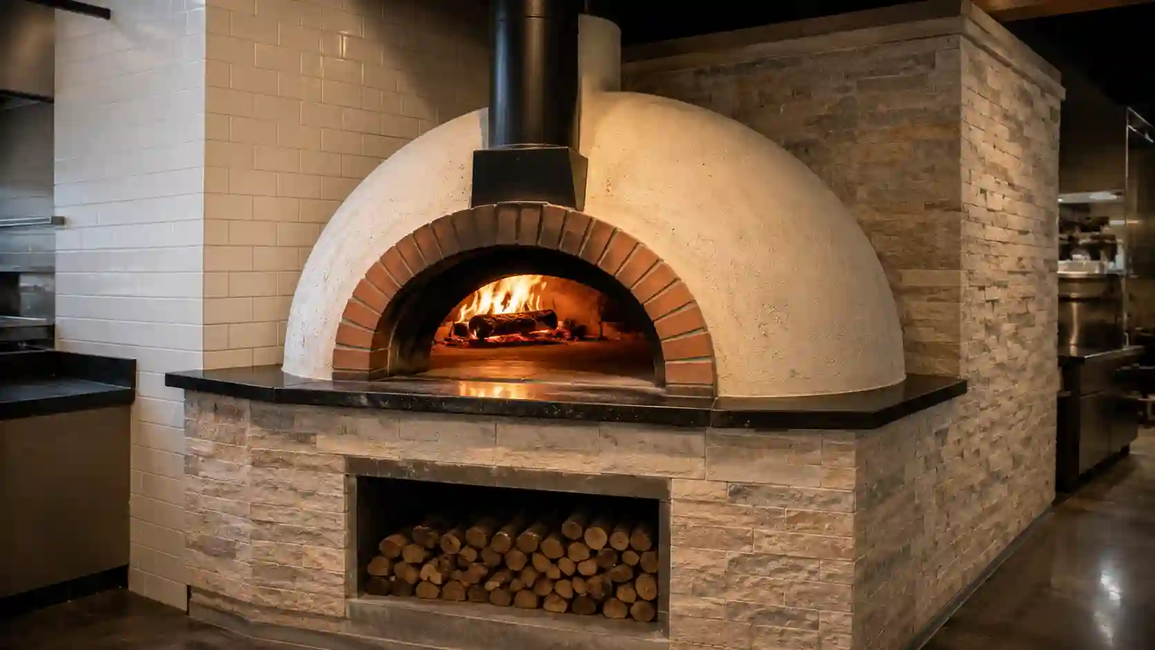 Murowany piec do pizzy budowany na miejscu z kopułą, kominem i miejscem na drewno
