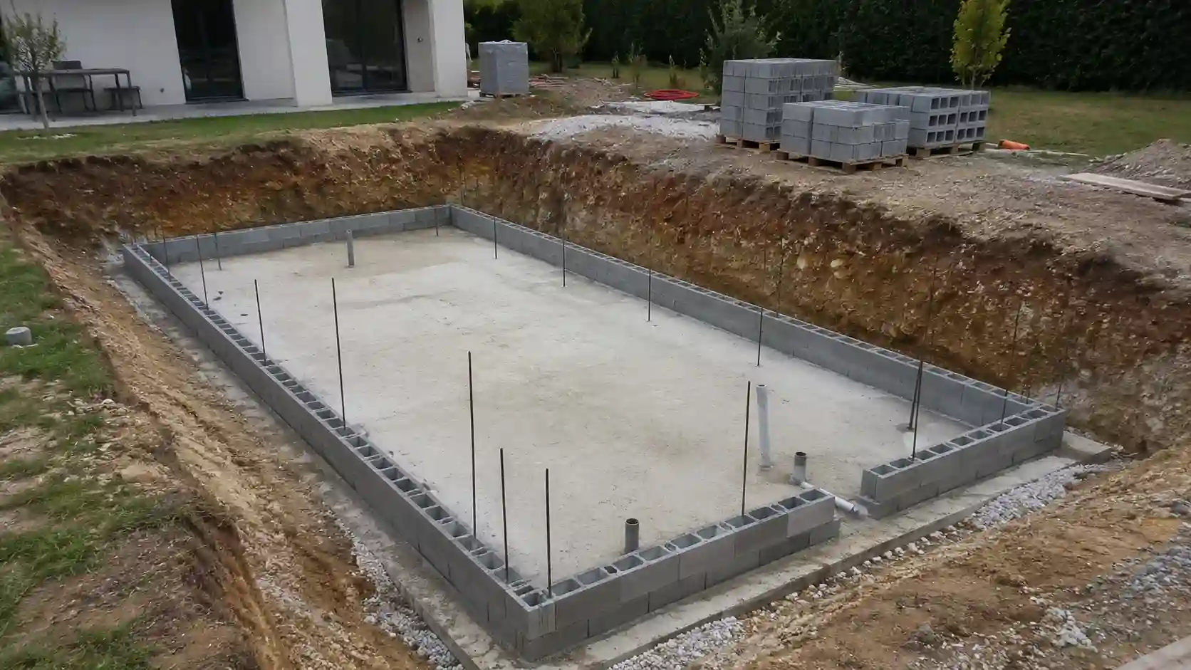 Płyta denna i pierwsze warstwy bloczków betonowych pod basen murowany