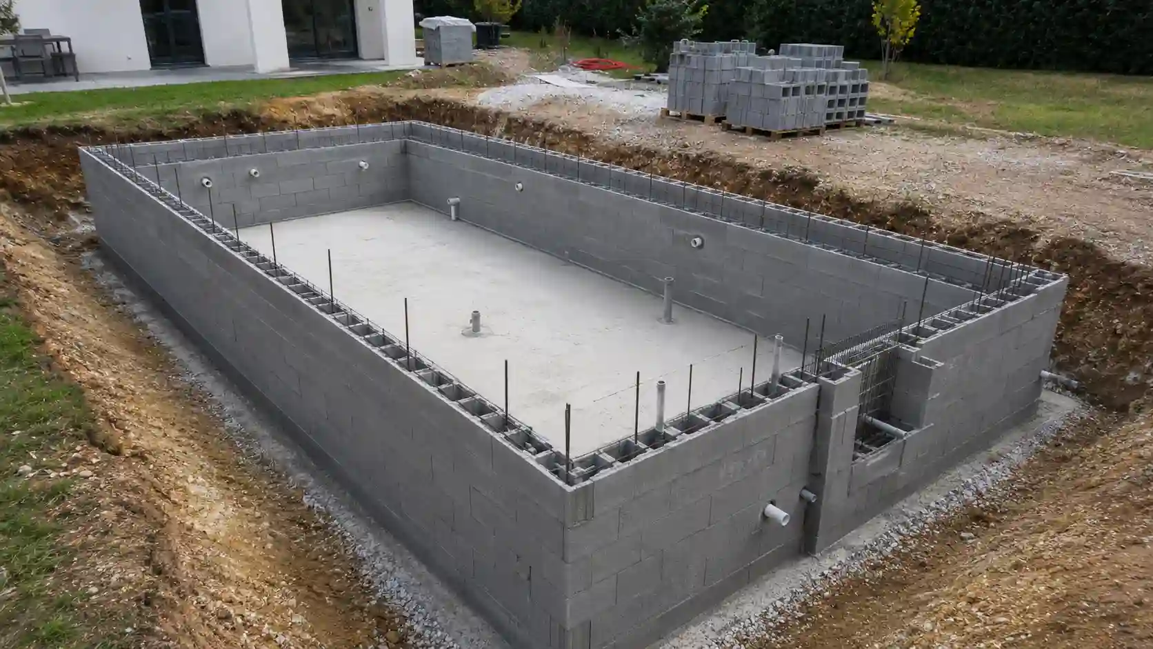 Zbrojenie, zalewanie rdzeni i ściany konstrukcyjne basenu murowanego