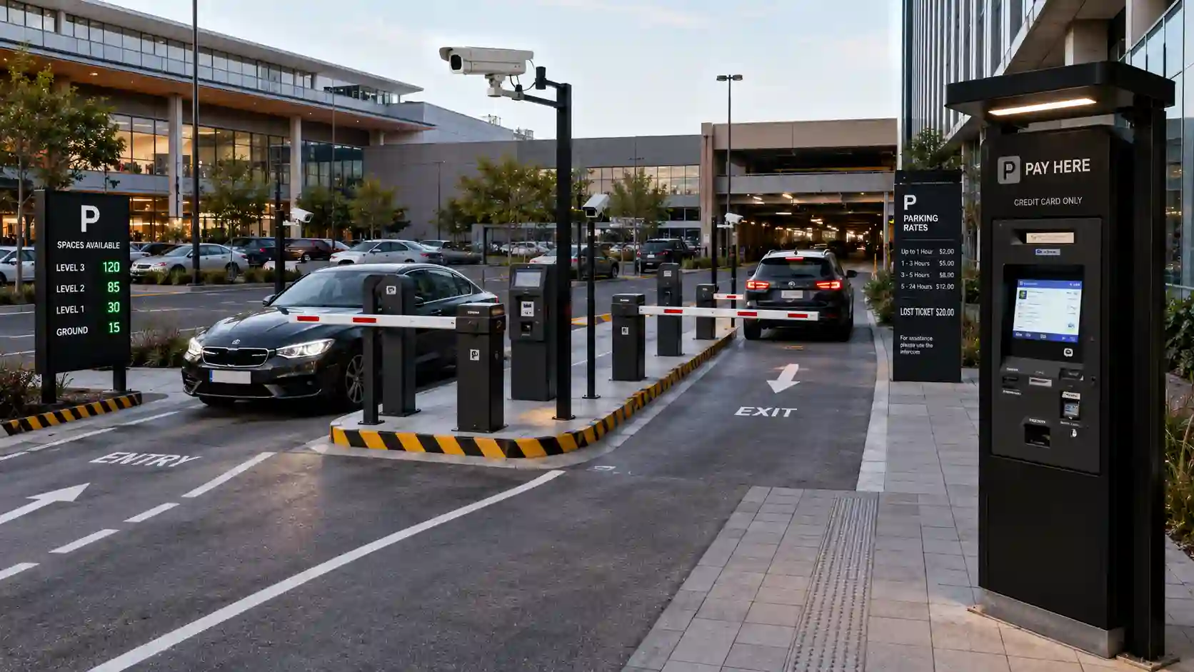 Kompletny system parkingowy z terminalami, szlabanami i kamerą ANPR