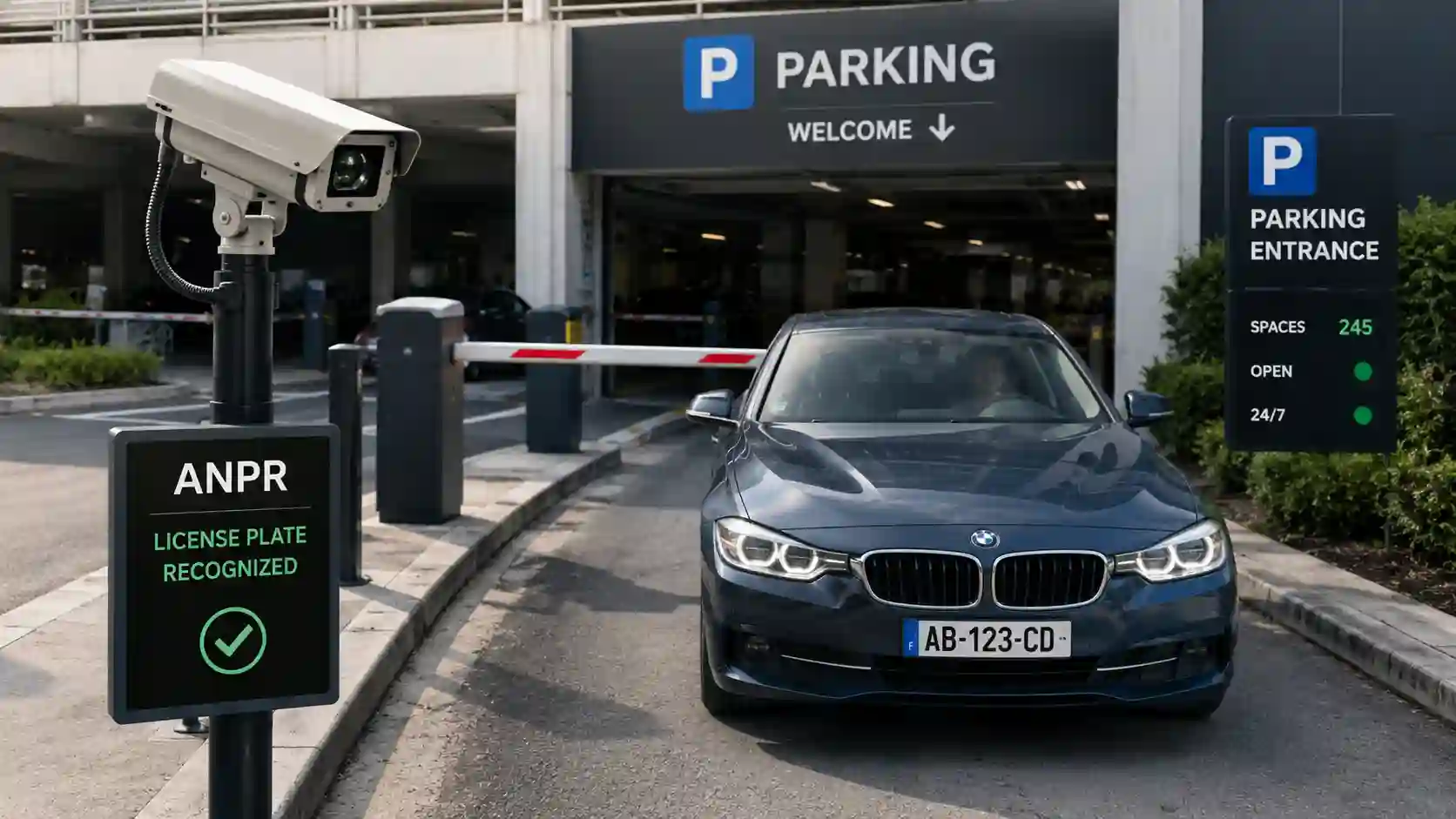 System parkingowy ANPR z kamerą do rozpoznawania tablic przy wjeździe